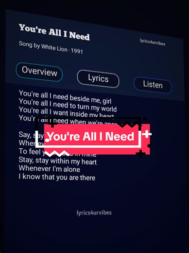 You're All I Need...🎧🎶🎙️ #lyrics #music #whitelion #fouryou #lyrics4urvibes