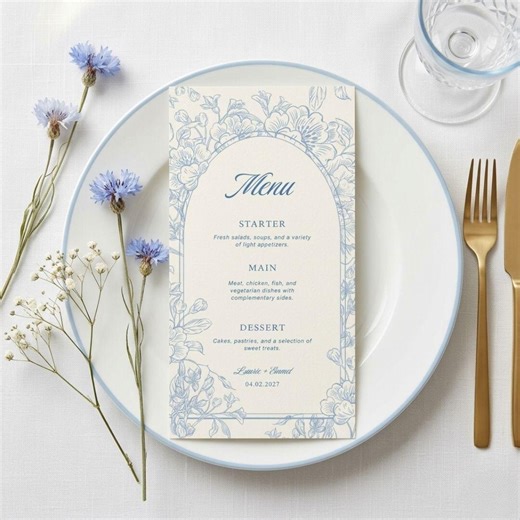 Wedding Menu Template, Editable Cards, Blue Whimsical Design, Hand Drawn Wedding Illustration - Etsy