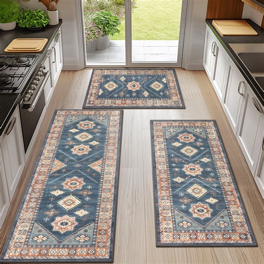 Boho Kitchen Rug Sets 3 Pieces, Washable Kitchen Mats for Floor, Non Slip Soft Kitchen Area Rug Floor Mat for Kitchen, Laundry Room and Hallway