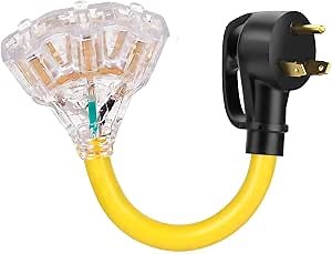 30 Amp to 20 Amp 110 V RV Plug Extension Adapter Cord, NEMA TT-30P Male to 3X 5-15R/ 5-20R T-Blade Household Outlet, with LED Power Indicator, 1FT