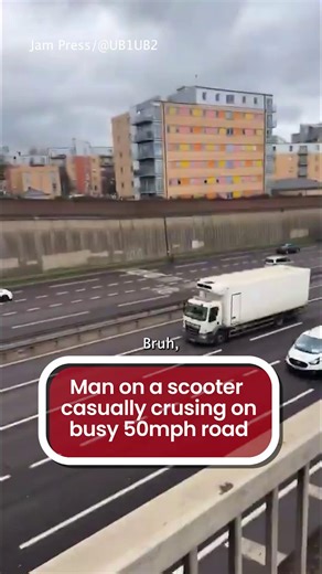 A man on a scooter was spotted on the A406 going at 5mph in a 50mph zone, with minimal protective wear. Cars narrowly avoided the man as he made his way casually down the major road. | The Mirror