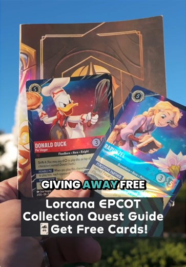🎨🃏 Get Free Disney Lorcana cards at EPCOT with my Collection Quest Guide Disney World is giving out free Lorcana booster packs and special edition cards during the EPCOT Festival of the Arts! This is my favorite new activity at the Festival, especially because you can earn an exclusive Donald Duck card by trading cards. If you’re a Lorcana newbie like me, that might sound intimidating. But it was actually a ton of fun. So here’s how it works, and here’s what to know to make it easier. Between 