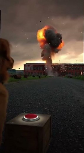 Dog viciously presses, the big red button and what happens next is crazy!#explosion #dog #cute 🤯￼￼