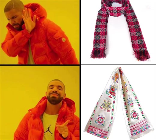 A khatag (or khata) is a traditional, ceremonial silk scarf in Tibetan Buddhism symbolizing purity, respect, and goodwill, used to honor deities, lamas, elders, or guests during greetings, blessings, weddings, funerals, and religious ceremonies. Most commonly white, symbolizing purity, but can also be gold or other colors. There are many copied versions these days that has nothing to do with us and signifies nothing. If they’re influenced welcome scarfs better call it by different names because 