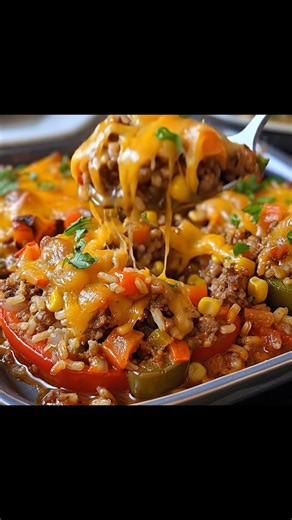 This Stuffed Pepper Casserole has all the flavors of classic stuffed peppers — just made easier and even more comforting! It’s filled with tender beef, rice, and colorful peppers, all baked together in a savory tomato sauce with melted cheese on top. Every bite tastes like a warm, homemade hug. | Recipe Stories