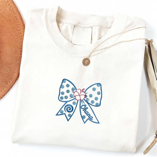 Cartoon Blue Alien Bow Embroidery Design, Coquette Tropical Ohana Quote, Hawaiian Floral Frame, Cute Family Theme - Etsy