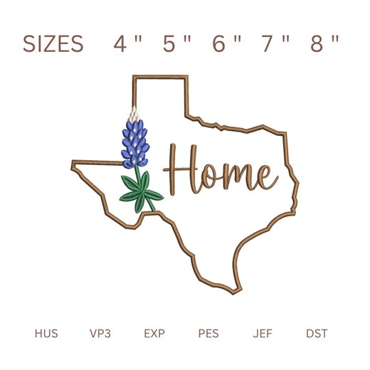 Texas Home Embroidery Design, Texas Map With Bluebonnet Flower, Home State Embroidery File, Southern Embroidery Design - Etsy