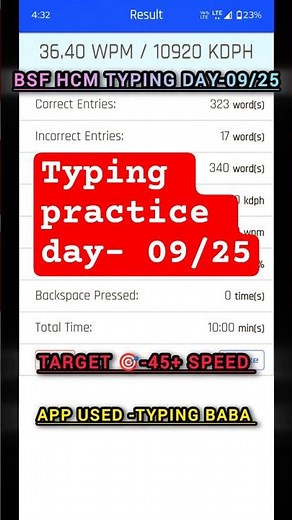 Typing Practice for BSF HCM 2024 | 36.40 WPM✅ |Typing Baba Progress Day 09/25✅ #bsf #crpfhcm #typing