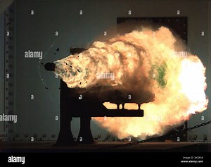 DAHLGREN, Va. (Jan. 31, 2008) Photograph taken from a high-speed video camera during a record-setting firing of an electromagnetic railgun (EMRG) at Naval Surface Warfare Center, Dahlgren, Va., on January 31, 2008, firing at 10.64MJ (megajoules) with a muzzle velocity of 2520 meters per second. The Office of Naval ResearchÕs EMRG program is part of the Department of the NavyÕs Science and Technology investments, focused on developing new technologies to support Navy and Marine Corps war fighting