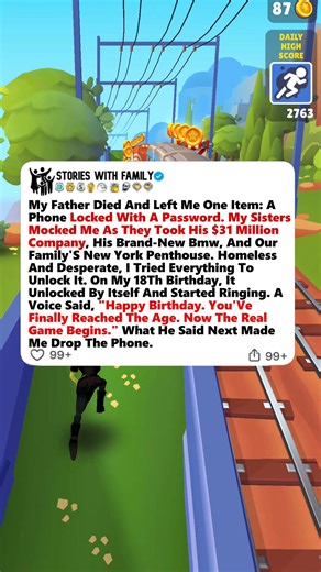 162K views · 3.1K reactions | My Father Died And Left Me One Item: A Phone Locked With A Password. My Sisters Mocked Me As They Took His $31 Million Company, His Brand-New Bmw, And Our Family'S New York Penthouse. Homeless And Desperate, I Tried Everything To Unlock It. On My 18Th Birthday, It Unlocked By Itself And Started Ringing. A Voice Said, "Happy Birthday. You'Ve Finally Reached The Age. Now The Real Game Begins." What He Said Next Made Me Drop The Phone. | Stories With Family | Facebook