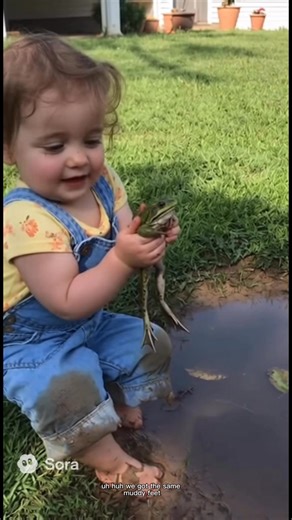 Because Obviously… Frogs Are Family 🐸💛 With the biggest smile, this little girl holds up a frog she found in a puddle and proudly declares: “He’s my cousin now. Welcome to the family!” Childhood imagination doesn’t get any cuter than this. 👀✨ #FamilyLaughs #SweetMoments #ToddlerTalk #AI — created with Sora AI | JoyScroll