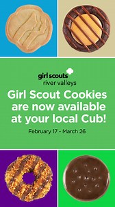 1.6K views · 23 reactions | The day has finally arrived! Girl Scout Cookies are available at Cub. Visit the cookie booth at your local Cub store from February 17 through March 26 to get all your favorite varieties. Find your store: cub.com/store. ❤️ #girlscoutcookies Girl Scouts River Valleys | Cub | Facebook