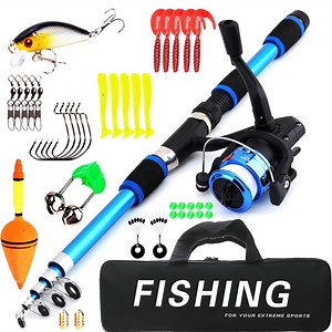 Fishing Rod and Reel Combo, 70 Inch Telescopic Casting Rod Pole with Spincast Reel, Tackle Box and Hooks Lures Swivels Carry Bag, Portable Fishing Gear Set for Beginners, Blue