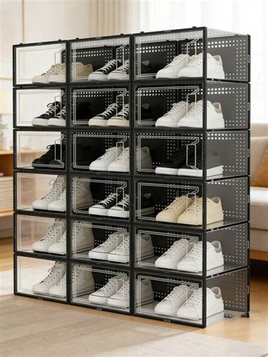 Shoe Boxes 12 Pack Shoe Storage Box Clear Plastic Stackable Shoe Organizer For Closet Toy Storage Organizer Bins For Entryway, Closet, Under Bed, Black | SHEIN