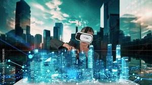 Civil engineer analyzing rotating tower skyscraper hologram virtual graphic via VR future global innovation network technology community at intelligent cityscape urban planning center. Contraption.
