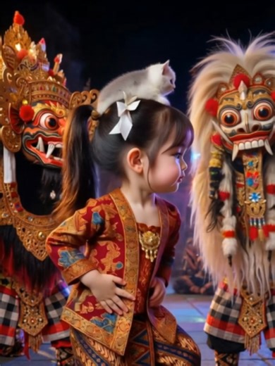 Adorable Kids and Cats Dancing with Indonesian Tribes