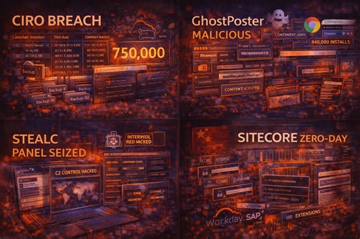 📢 CiberSeguridad en menos de 5 minutos 📊 Brecha en Ciro expone a 750.000 inversores – Backups en la nube accesibles sin control revelaron datos personales y financieros estructurados de clientes canadienses. 🧩 GhostPoster: extensiones maliciosas con 840.000 instalaciones – Content scripts y webRequest API permiten inyección de código, captura de formularios y redirecciones en cualquier dominio. 🕵️ Investigadores secuestran paneles de STEALC – Toma de control parcial de C2 permitió observar c