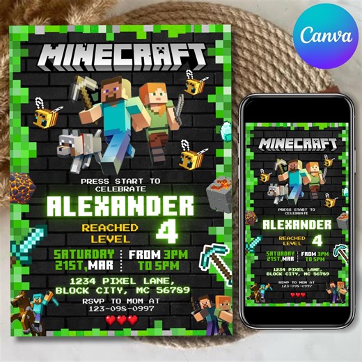 Minecraft Birthday Invitation, Minecraft Birthday Party Invite, Gamer Invitation, Minecrafter Birthday Invite, Gamer Birthday,canva Editable - Etsy Australia