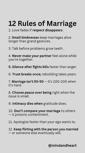 Marriage isn’t about being perfect — it’s about choosing love, respect, and effort every single day. 💞 These 12 simple rules can make your relationship stronger and last a lifetime. Which one do you relate to most? 💬👇 #MarriageRules #RelationshipGoals #HealthyMarriage #LoveAndRespect #CoupleGoals #MarriageAdvice #RelationshipTips #MindAndHeart #MarriageLife #LoveWisely #HappyCouple #EmotionalBond #MarriageMatters | Mind & Heart