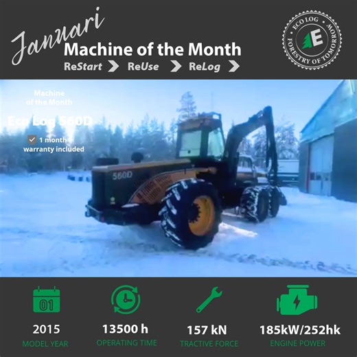 Månadens maskin – Januari: Eco Log 560D (2015) Vi startar året med att lyfta fram en välhållen Eco Log 560D från 2015, utrustad med Log Max 5000D. Maskinen är byggd med Eco Logs pendelarmar, som ger god markfrigång, stabilitet och trygg framkomlighet även i ojämn och krävande terräng. 1 månads garanti ingår vid köp, vilket ger extra trygghet i affären. 👉 Läs mer om Månadens maskin via länken här nedan! ------------------ We’re starting the year by highlighting a well-maintained Eco Log 560D fro