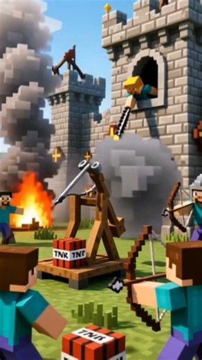 A fierce Minecraft siege as catapults launch TNT and guards defend the stone castle. 🔥🏰 #Minecraft