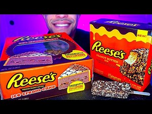 ASMR REESE'S ICE CREAM CAKE PEANUT BUTTER BAR CANDY EATING CHOCOLATE MOUTH SOUNDS JERRY