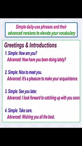 Here’s a list of 40 simple daily use phrases and their advanced versions to elevate your vocabulary: Greetings & Introductions 1. Simple: How are you? Advanced: How have you been doing lately? 2. Simple: Nice to meet you. Advanced: It’s a pleasure to make your acquaintance. 3. Simple: See you later. Advanced: I look forward to catching up with you soon. 4. Simple: Take care. Advanced: Wishing you all the best. Expressing Opinions 5. Simple: I think it’s a good idea. Advanced: In my opinion, it’s