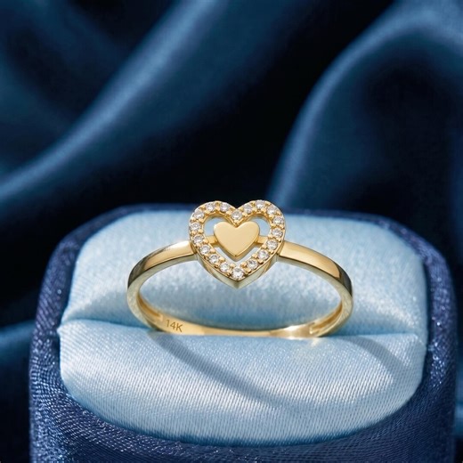 14K Solid Gold Double Heart Ring, Dainty CZ Diamond Love Band, Romantic Promise Jewelry, Minimalist Anniversary Gift for Her Wife Women - Etsy