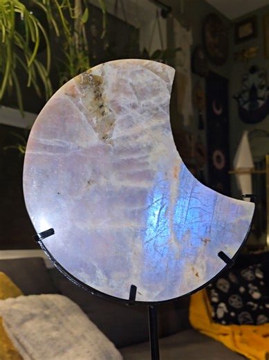 THIS MOONSTONE 😮🌙✨ Extra large, insane flash, on a stand, a true statement piece! This Moonstone moon will be available during our Valentines Crystal Sale 💖 🗓 Jan 22 | ⏰ 7pm EST Valentine vibes, sparkle, giveaways & games 💙 #moonstone #moon #crystals