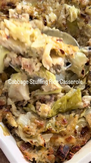 Cabbage Stuffing Rice Casserole Everyone knows we love our stuffing recipes and this cabbage version is one of our new favorites. It’s super simple to prepare and it’s coming just in time for the holidays. If you love cabbage it’s a must try, and even if you have doubters they will love it too. Save this recipe!!! It’s so so good!! #CabbageCasserole #cabbagestuffing #thanksgivingsides • 1 head cabbage chopped 1 stick butter 1/2 onion chopped Salt and pepper 1 cup cooked white rice 1 box stove to