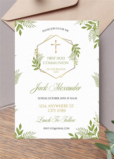 Neutral Boy Girl First Communion Invitation, Modern Holy Communion Invite, Editable Canva Template - Etsy