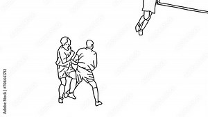 Line drawing animation of a football goalie kicking the football on the football field. Other players receive the ball, 4k Doodle