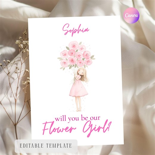 Flower Girl Proposal Card Printable, Will You Be Our Flower Girl, Editable Canva Template, Pink Blush Wedding Invite, Instant Download - Etsy