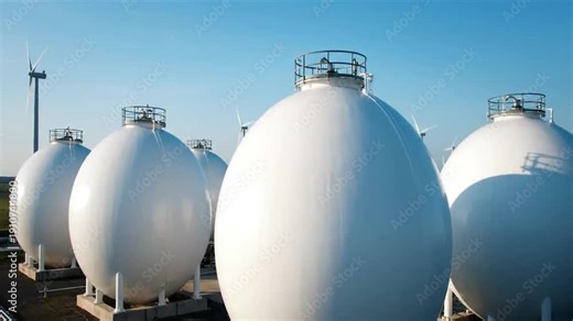 Cinematic footage captures an array of giant white spherical storage vessels at an industrial facility under a clear blue sky. Wind turbines are visible, linking energy storage and renewable power ge
