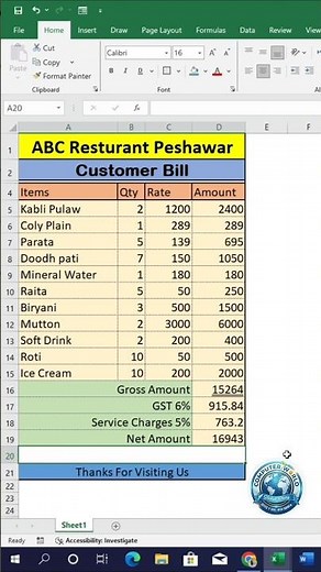Easy Way to Make Restaurant Bill Invoice in Excel | Step-by-Step Guide for Beginners
