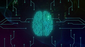Premium stock video - Animation of digital data processing over computer circuit board and ai brain