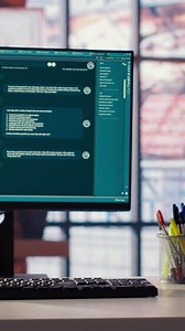 AI LLM chatbot software interface on PC in home office showing virtual assistant answering prompts. Large language model program on PC communicating with user through artificial intelligence, closeup