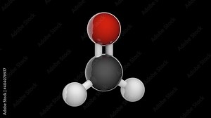 Formaldehyde is a naturally occurring organic compound with the formula H2CO or CH2O. 3D render. Seamless loop. Isolated and rotating on black background. Ball and Stick chemical structure model.
