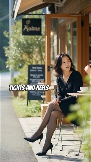 Asian lady in black pantyhose & heels! Sheer nylons stockings tights hosiery legs girl model