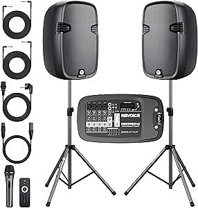 NBVOICE 10" 600W Professional PA System with Mixer DJ Bundle, Portabel Speakers 2-Way Wireless Bluetooth Sound System with USB SD XLR 1/4" RCA inputs-Home/OutdoorParty