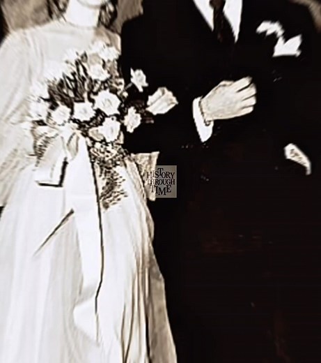 "Circa July 1947, Virginia Mayo and her husband, actor Michael O’Shea, were photographed outside the Church of the Little Flower in Los Angeles on their wedding day, surrounded by a modest gathering of friends and fellow performers." | History Through Time