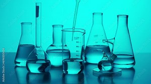 Laboratory table with many different beakers and flasks, scientist pipettes liquid drops inside tube, blue neon background close up. Slow motion.