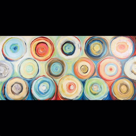 Judy A. Steiner on Instagram: "“Circles” , a painting for our new bedroom. I found this printed canvas at an online auction for dirt cheap, and loved the size. My lovely husband built a new stretcher frame and I re-stretched the canvas. I bought this “oops” flat paint at the paint store to cover up the gloss from the print. Started the painting with large marks and bright colors. I created a color palette to work from and would check the Notan (black and white) occasionally to make sure my value