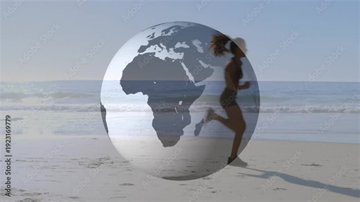 Female runner entering from left, overlapping rotating transparent globe and exercising for fitness