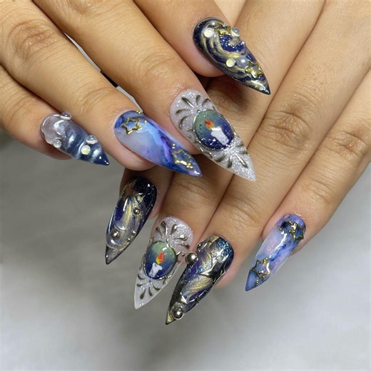 Mystic Galaxy Sun Moon Vintage Press on Nails, Handmade Celestial Cosmic Nail Art Set - Etsy