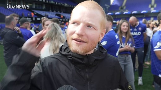 WATCH: Ipswich Town fan Ed Sheeran reacts to their promotion to the Premier League: