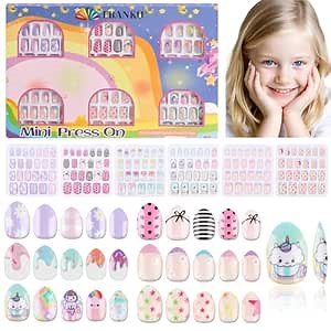 144 Pieces Press on Nails for Kids, EBANKU 6 Pack Kid Fake Nail Cute Colorful Press on Nails for Girls 7-12 Years with Pre- Adhesives