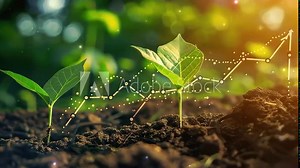 Tree and graph grow on land, idea for environmental preservation analysis, Generative Ai. Enviroment day. Economy Graph Chart.
