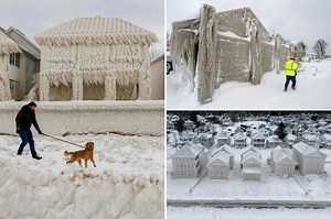 Drone footage shows restaurant along Lake Erie encased in ice