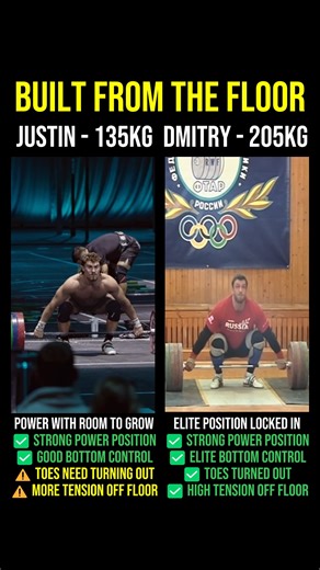 Kyle Evans │ Olympic Weightlifting Specialist │ Crossfit Coach on Instagram: "Good power positions and solid control in the bottom — but the lift is still decided much earlier. @justinmedeiros34 snatch shows how foot position and tension off the floor set everything that follows. When the toes turn out and the back is loaded earlier, the pull becomes smoother and the catch feels easier. Dmitry shows the same positions, just fully connected from the floor up. Build tension early. Control comes la